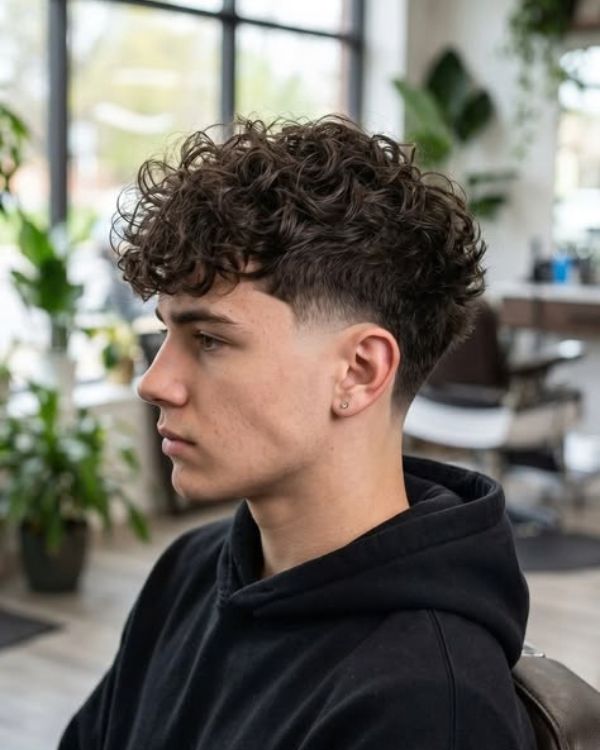Messy Curly Hair with Taper Fade